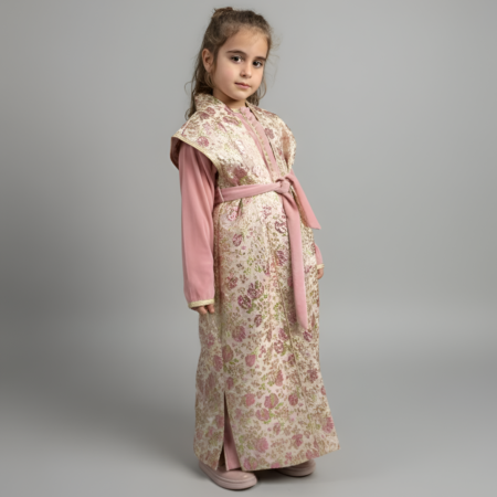 Kimono en broché avec caftan en velours rose bebe