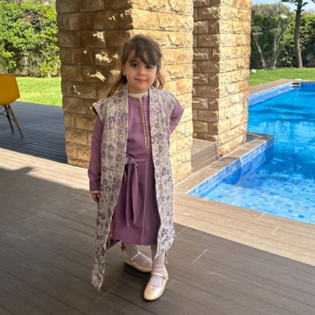 Kimono en broche  avec caftan en crepe de soie mauve