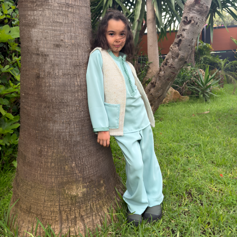 Jabador 3 pieces  – Crêpe de Soie & Gilet Tweed Bouclette Bouclette - turquoise