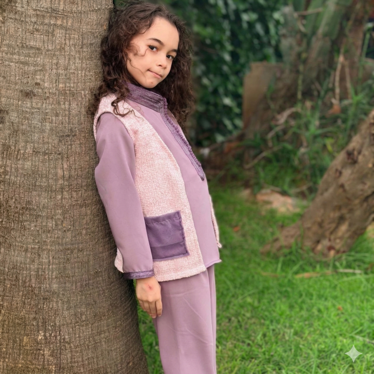 Jabador 3 pieces  – Crêpe de Soie & Gilet Tweed mauve et rose poudré