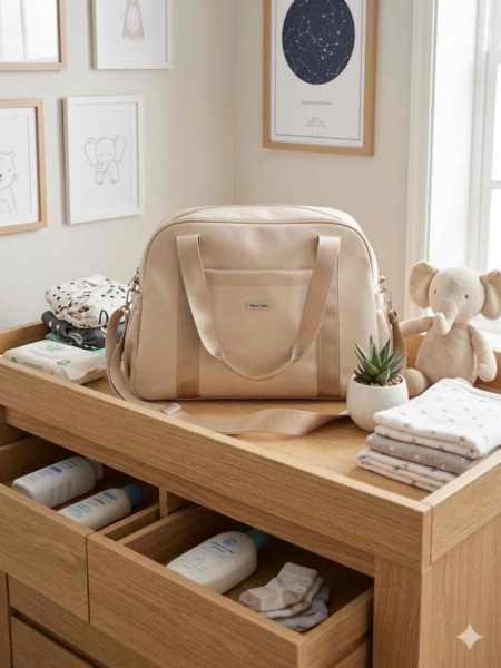 Sac à langer + trousse en tissu simili cuir beige et intérieur imperméable