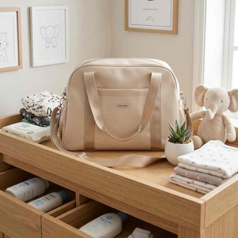 Sac à langer + trousse en tissu simili cuir beige et intérieur imperméable