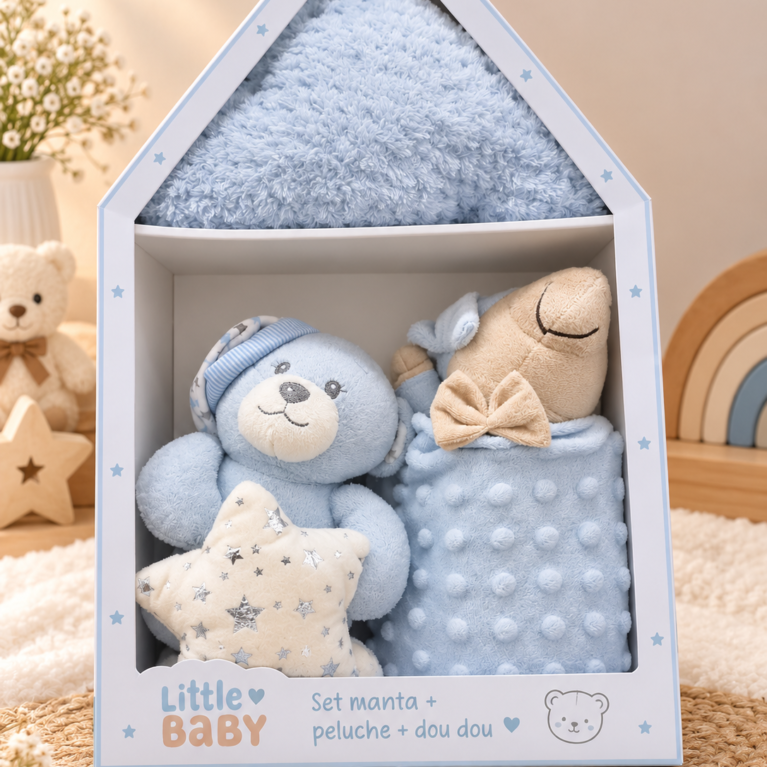 Coffret Cadeau Bébé bleu – Couverture, Peluche & Doudou