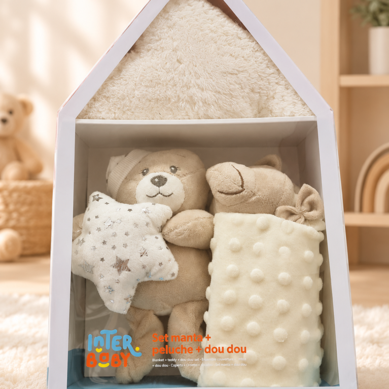Coffret Cadeau Bébé blanc – Couverture, Peluche & Doudou