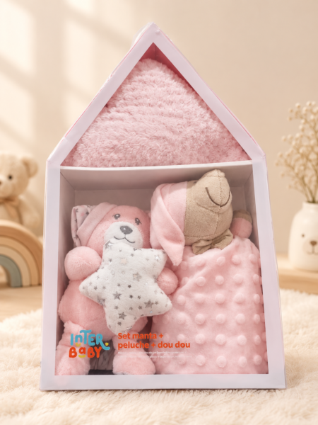 Coffret Cadeau Bébé Rose – Couverture, Peluche & Doudou