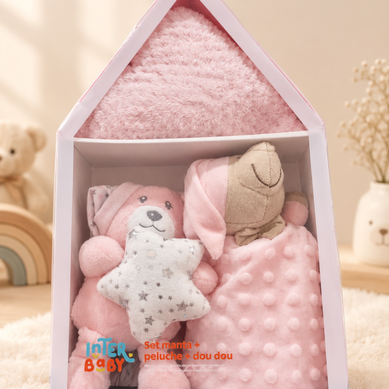 Coffret Cadeau Bébé Rose – Couverture, Peluche & Doudou